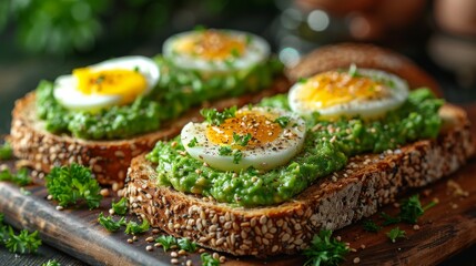 Canvas Print - Toasting rye bread and serving avocado puree and hard-boiled eggs on a wooden plate