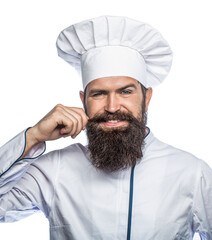 Wall Mural - Portrait of a happy chef cook. Bearded man in chef uniform. Professional happy man chef ready to cook new dish. Male chef, cook or baker in white hat and apron. Cooking, profession and business