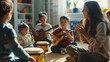 © Generative AI - Kindergarten teacher with children sitting on the floor having music class using various instruments and percussion Early music education : Generative AI