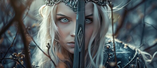 Wall Mural - Portrait of medieval sword mystic elf woman gazes seriously Background wallpaper AI generated image