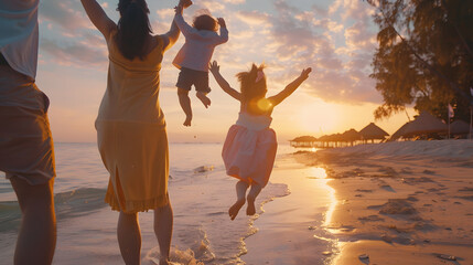 Child in the hands of parents jumps from dad to mom and laughs Happy family walk on the beach at sunset Child daughter mom dad play fun in park in park in sun Family fantasies childhoo : Generative AI