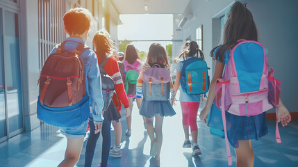 Poster - Back to school A group of schoolchildren with backpacks walk along the school corridor during recess Education and science concept : Generative AI