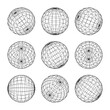 © 32 pixels - Wireframe shapes, lined sphere. Perspective mesh, 3d grid. Low poly geometric elements. Retro futuristic design elements, y2k, vaporwave and synthwave style. Vector illustration