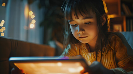 Poster - Preteen schoolgirl doing her homework with digital tablet at home Child using gadgets to study Education and distance learning for kids Homeschooling during quarantine Stay at home ent : Generative AI