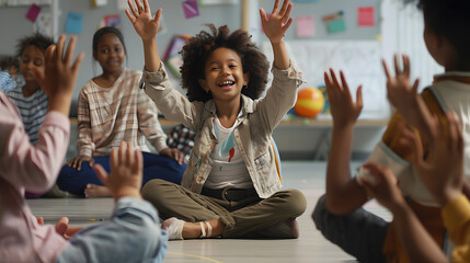 Poster - Elementary school teacher sit in class on floor with little pupils and moving hands up Multiethnic kids with teacher in kindergarten : Generative AI