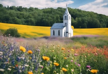 Canvas Print - a church in a field with flowers in the foreground