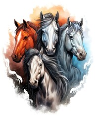 Canvas Print - three horses are standing on a painting like background of the ocean