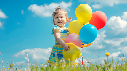 Wall Mural - Happy child playing with colorful toy balloons outdoors Kid having fun in green spring field against blue sky background Freedom and imagination concept : Generative AI