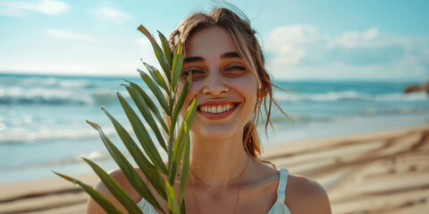 Wall Mural - Beautiful smiling young woman on the beach in summer holding a palm leaf.