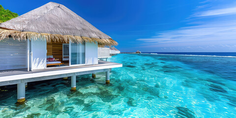 Poster - Bungalow in the middle of clear blue water at a tropical resort, an exotic vacation. 