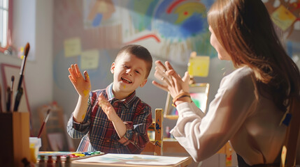 Poster - The teacher claps her hands and rejoices at the small victory of her student boy with down syndrome at painting studio for special need children Development of children with spesial ne : Generative AI