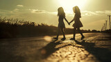 Fototapeta  - Silhouette two little girls walking on the road  Sisters enjoyed a Holiday over blurred summer nature Concept People and nature : Generative AI