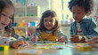 © Generative AI - Kids go back to school Interracial group of children of mixed age in classroom Students learn to read and write Preschooler or kindergarten kid with teacher Child learning letters with : Generative AI