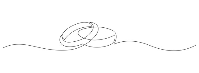 Poster - Two wedding rings in one continuous line drawing. Love and romantic concept and symbol of proposal engagement for invitation in simple linear style. Editable stroke. Outline vector illustration