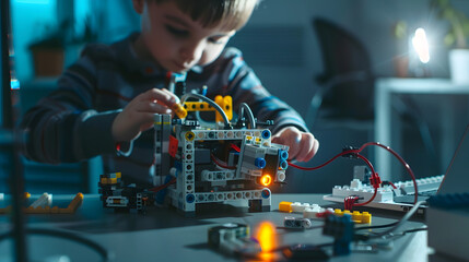 Poster - Robotics programming class Children construct and code Robot STEM education using constructor blocks and laptop remote control joystick Technology educational development for school ki : Generative AI