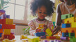 © Generative AI - Adorable black kid curly little girl and child development specialist attractive young woman playing with colorful wooden bricks sitting at table and making pyramid together smiling : Generative AI
