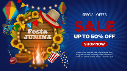 festa junina sale banner with wooden signboard, wicker hat, colorful pennants and lanterns