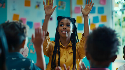 Poster - School tutor and students raise their hands to ask or answer an academic question for learning Diversity education and primary school kids speaking to their woman teacher in the classr : Generative AI