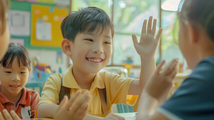 Poster - Pupil boy hi five with asian teacher in classroom at elementary school Student boy study in primary school Children writing notes in classroom Education knowledge successful teamwork c : Generative AI