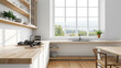 Corner view on bright kitchen room interior with panoramic window, island, cupboard. AI Generative