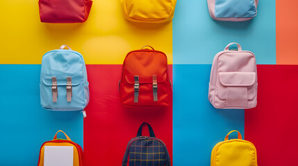 Poster - Different school backpacks with stationery on colorful background top view : Generative AI