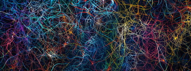 Wall Mural - Colorful knotted string pattern on dark background, network concept