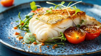 Wall Mural - Grilled White Fish Fillet with Tomato and Microgreens on Plate with Blue Background