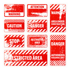 Wall Mural - Red grunge warning signs with diagonal lines. Old attention, danger or caution sign, construction site signage. Realistic notice signboard, warning banner, road shield. Vector illustration