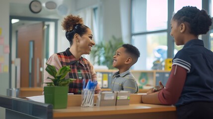 Happy kindergarten teacher communicating with African American mother and her son at reception desk : Generative AI