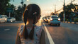 © Generative AI - From childhood to adulthood Little girl watching adult ahead on the road : Generative AI
