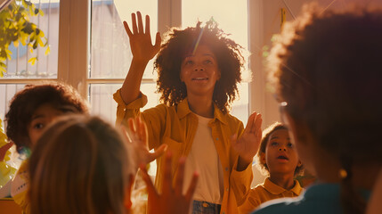 Poster - School tutor and students raise their hands to ask or answer an academic question for learning Diversity education and primary school kids speaking to their woman teacher in the classr : Generative AI