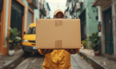 A delivery man holding a cardboard box