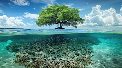 Wall Mural - A tree is growing in the ocean. The water is blue and the sky is cloudy. The tree is surrounded by rocks and the water is murky