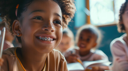 Poster - In Elementary School Class Portrait of a Brilliant Black Girl with Braces Smiles Writes in Exercise Notebook Junior Classroom with Diverse Group of Children Learning New Stuff : Generative AI