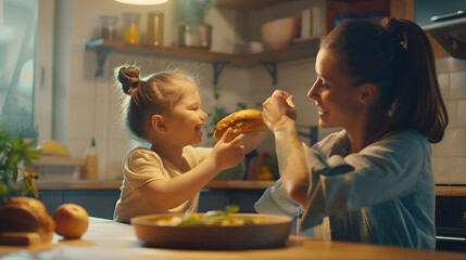 Joyful little kid girl giving mom sandwich to bite Happy mother and daughter cooking snack for lunch together in kitchen tasting meal having fun smiling enjoying eating homemade culina : Generative AI