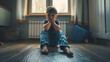 © Generative AI - Kid psychological trauma Lonely child boy sadly look to window hug knees sits on floor at home alone Upset offended child thinking about family problems bad relationship failures with  : Generative AI