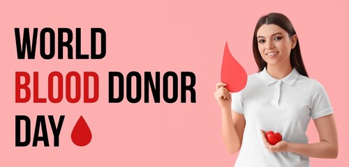 Wall Mural - Banner for World Blood Donor Day with young female donor