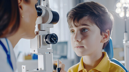 Female doctor ophthalmologist doing basic eye examination of cute boy in modern clinic Caucasian female optician checking on kid patient vision eyesight Myopia glaucoma prevention conc : Generative AI