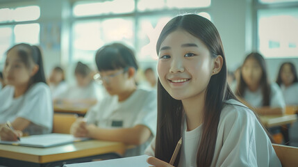Poster - Academic Concept Smiling junior asian school girl sitting at desk in classroom writing in notebook posing and looking at camera Group of diverse classmates studying in the background : Generative AI