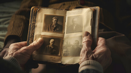 male hands holding an old retro album with vintage monochrome photographs in sepia color 19641965 the concept of genialogy memory of ancestors family ties childhood memories : Generative AI