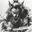 戦闘構えの狼戦士、モノクロインク水墨画スタイル 