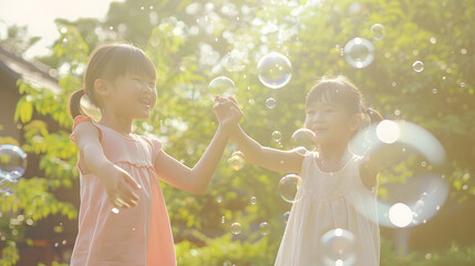 boy girl and playing with bubbles outdoor in garden backyard or park with happiness family or siblin