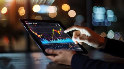 Poster - investor holding a tablet with stock market graphs displayed, superimposed over their image to illustrate data analysis and decision-making.