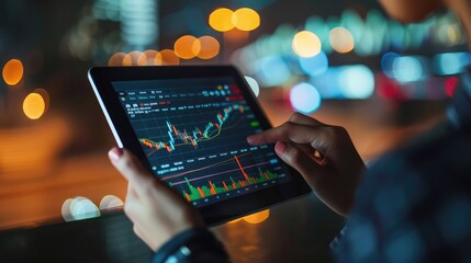 Poster - investor holding a tablet with stock market graphs displayed, superimposed over their image to illustrate data analysis and decision-making.