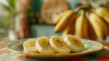 Sticker - Freshly cut banana slices on a vintage plate, with a blurred background of a tropical-themed kitchen, creating a summery feel.