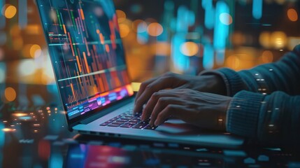 Poster - businessperson working on a laptop with digital graphs emerging from the screen, blending technology and finance in a seamless overlay.