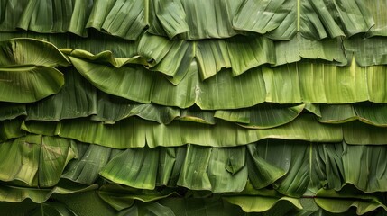 Poster - artistic arrangement of banana leaves layered on top of each other, forming a natural, green tapestry.