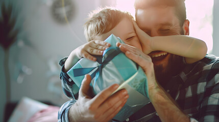 Happy fathers day Son congratulating his daddy covering his eyes from behind and giving present at home : Generative AI