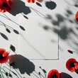 sfondo bianco minimale con ombre di fiori di papaveri rossi create da luce naturale con spazio vuoto per inserimento di testo fotografia raffinata semplice naturale spontanea	