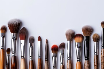 Wall Mural - A row of makeup brushes are lined up on a white background